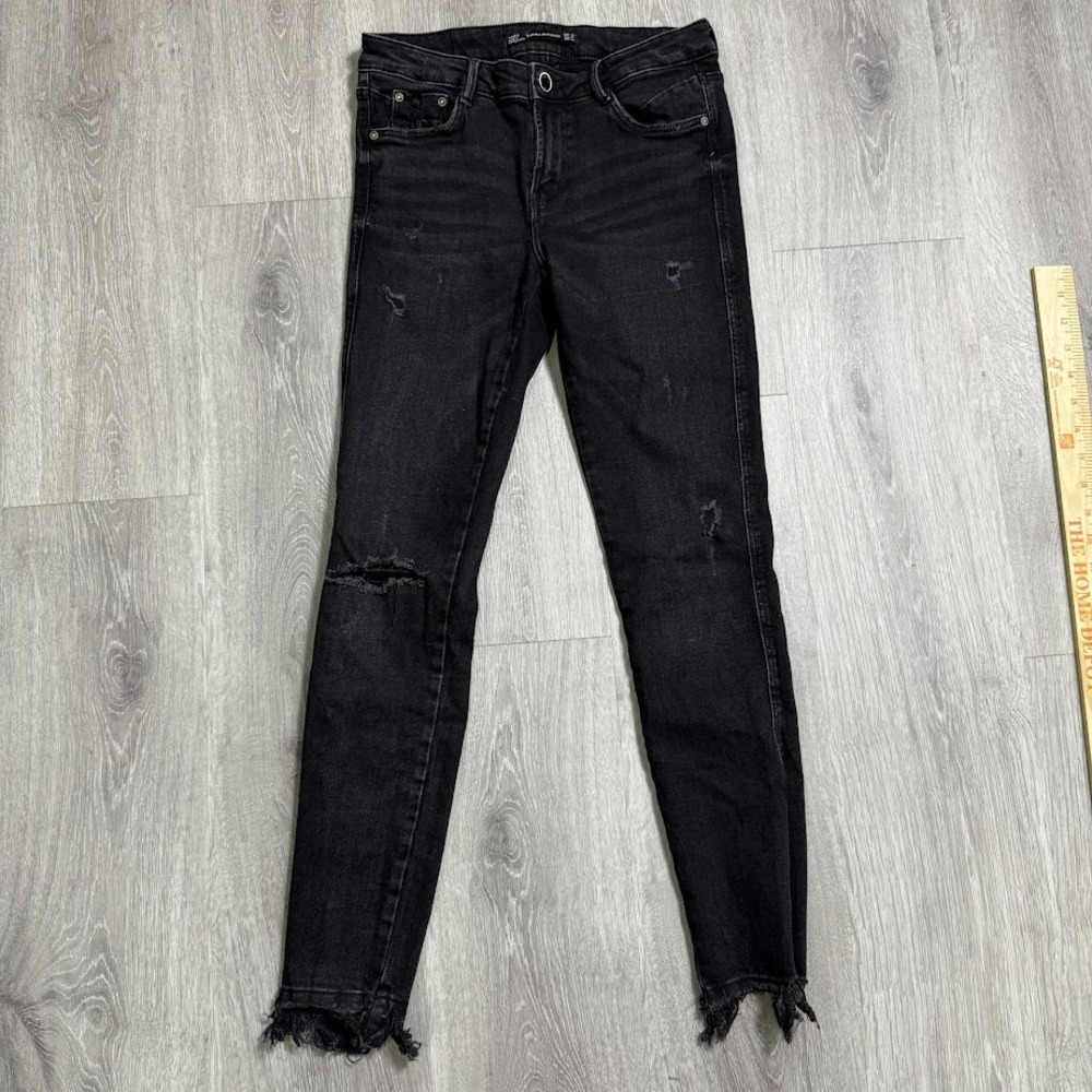 Zara Trafaluc Denimwear Jeans Womens Size 4 Black Distressed Raw Hem Skinny